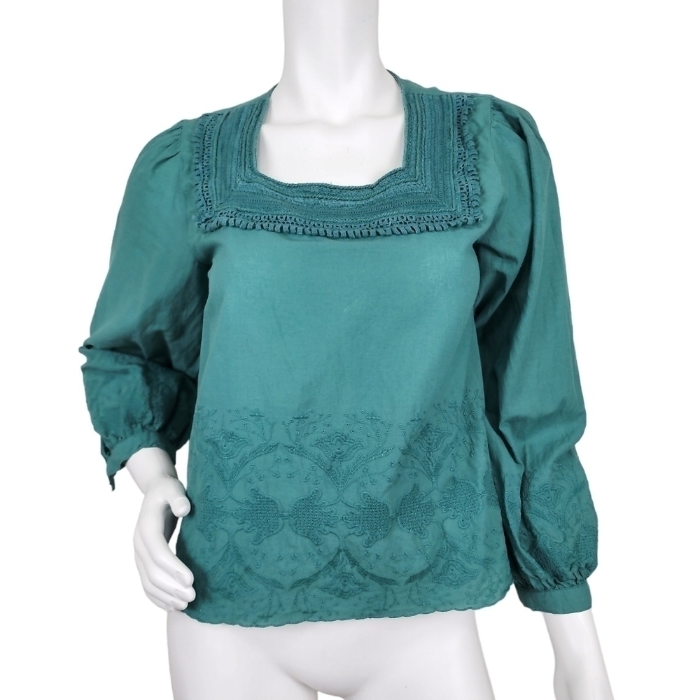 Zara Basic Green Square Neck Boho Embroidered 3/4 Sleeve Size XS